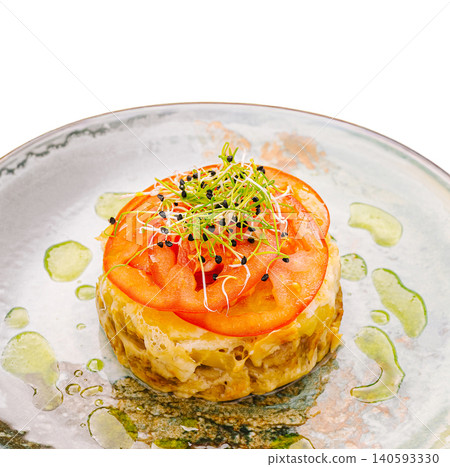 Gourmet vegetarian vegetable tartare with tomato slices Gourmet vegetarian vegetable tartare with tomato slices 140593330