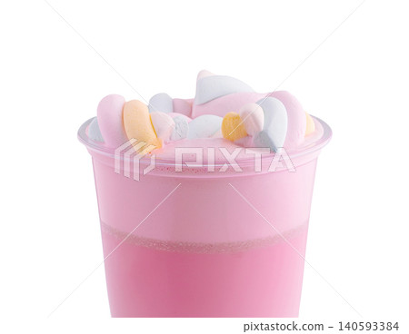 Pink strawberry milkshake topped with colorful marshmallows Pink strawberry milkshake topped with colorful marshmallows 140593384