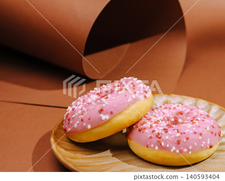 Fresh donuts on a plate with pink icing and sprinkles in a simple setting 140593404