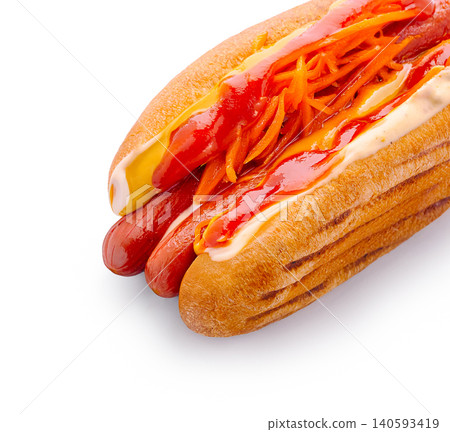 Appetizing double hot dog with Korean carrot Appetizing double hot dog with Korean carrot 140593419