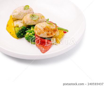 Steam chicken cutlets with warm vegetable salad 140593437
