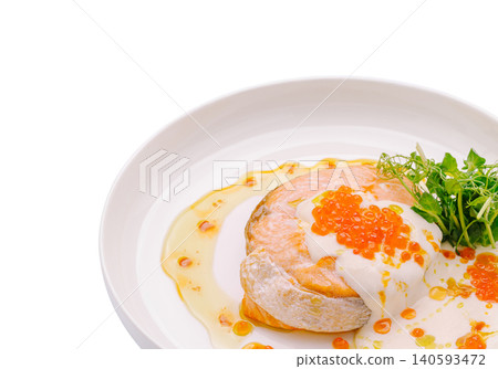 Grilled Salmon Steak With Cream Sauce And Red Caviar Grilled Salmon Steak With Cream Sauce And Red Caviar 140593472
