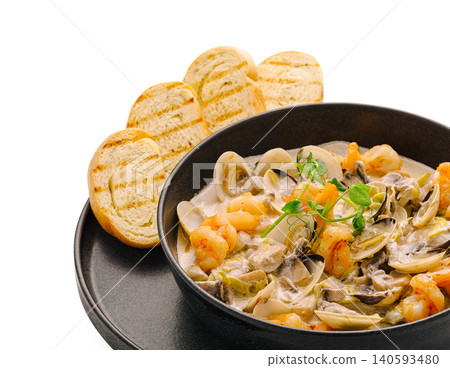 Creamy Seafood Stew With Grilled Croutons Side Creamy Seafood Stew With Grilled Croutons Side 140593480