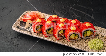California Sushi Rolls Covered In Red Tobiko Caviar California Sushi Rolls Covered In Red Tobiko Caviar 140593523