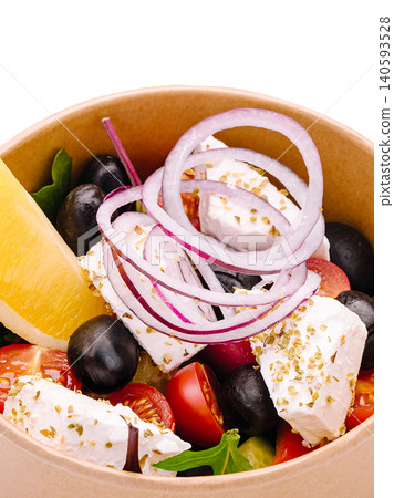 Fresh Greek Salad In Paper Takeaway Bowl 140593528