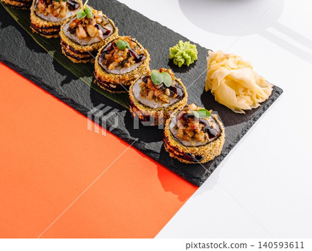 Crispy Tempura Sushi Rolls With Unagi Sauce 140593611