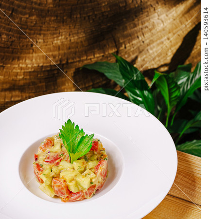 Gourmet Salmon Tartare With Diced Ripe Avocado 140593614