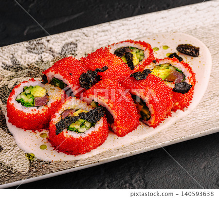 California Sushi Rolls With Red Tobiko Caviar Coating 140593638
