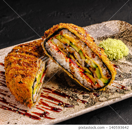 Crispy Deep Fried Sushi Burger Halves With Eel Crispy Deep Fried Sushi Burger Halves With Eel 140593642