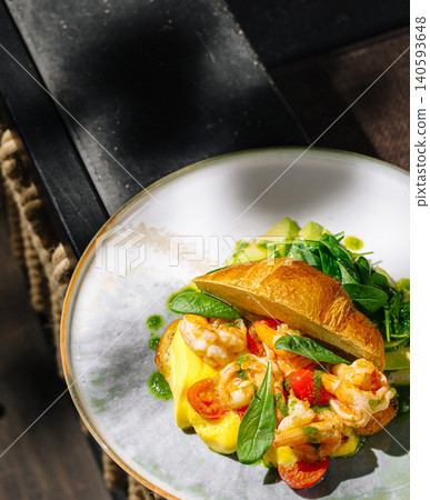 Gourmet Croissant Sandwich With Seafood And Shrimp Gourmet Croissant Sandwich With Seafood And Shrimp 140593648