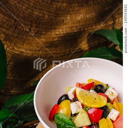 Fresh Greek Salad Served In Restaurant Bowl Fresh Greek Salad Served In Restaurant Bowl 140593681