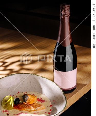 Champagne Bottle And Grilled Salmon In Restaurant 140593694