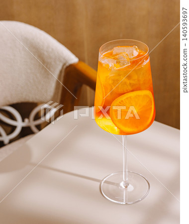 Aperol Spritz Cocktail Served On Cafe Table Aperol Spritz Cocktail Served On Cafe Table 140593697