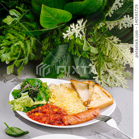 Hearty Breakfast Omelet With Sausage And Toast Hearty Breakfast Omelet With Sausage And Toast 140593729
