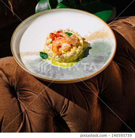 Gourmet Olivier Salad Served With Fresh Shrimps Gourmet Olivier Salad Served With Fresh Shrimps 140593739