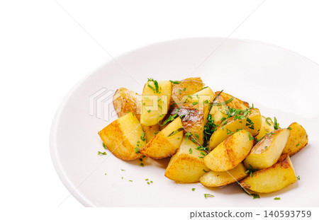 Simple roasted potatoes prepared with fresh herbs on a white plate Simple roasted potatoes prepared with fresh herbs on a white plate 140593759