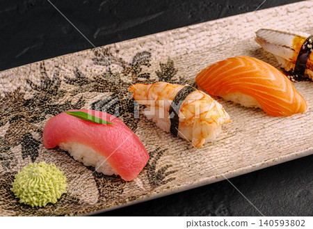 Assorted Nigiri Sushi Set On Ceramic Plate Assorted Nigiri Sushi Set On Ceramic Plate 140593802