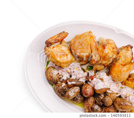 Grilled chicken and roasted potatoes served on a white plate Grilled chicken and roasted potatoes served on a white plate 140593811