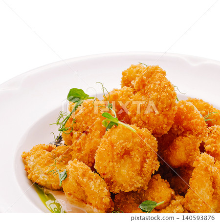 Crispy Fried Popcorn Shrimp Appetizer On Plate Crispy Fried Popcorn Shrimp Appetizer On Plate 140593876