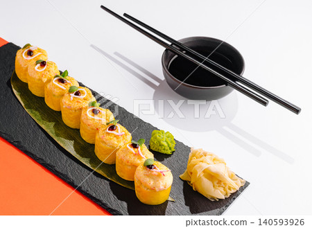 Baked Premium Sushi Rolls with Soy Sauce Baked Premium Sushi Rolls with Soy Sauce 140593926