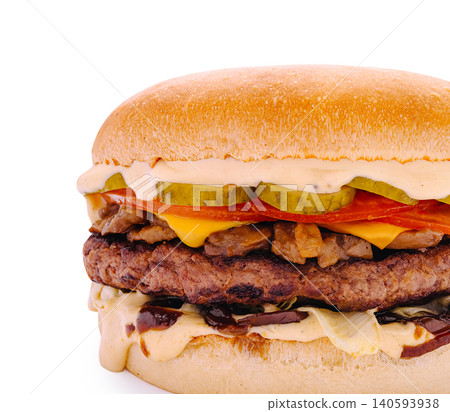Delicious Beef Cheeseburger with Mushrooms Closeup Delicious Beef Cheeseburger with Mushrooms Closeup 140593938