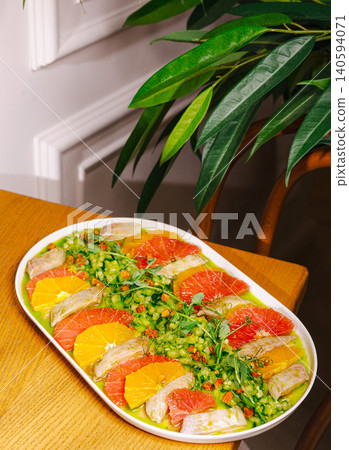 Gourmet Citrus Carpaccio Appetizer With Fresh Fish 140594071