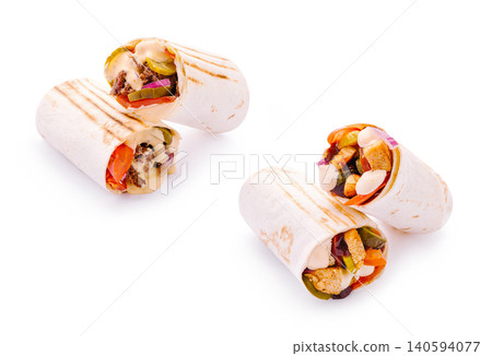 Grilled Tortilla Wraps With Meat And Vegetables Grilled Tortilla Wraps With Meat And Vegetables 140594077