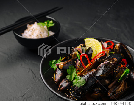 Fresh seafood dish with mussels, lime, and spices served with rice Fresh seafood dish with mussels, lime, and spices served with rice 140594108