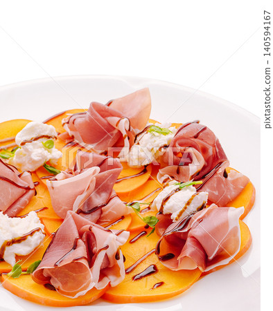 Cured Ham And Persimmon Salad With Soft Cheese Cured Ham And Persimmon Salad With Soft Cheese 140594167