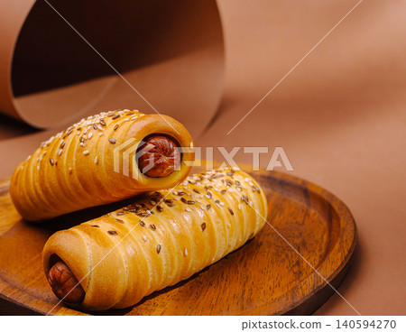 Baked bread rolls with sausage on wooden plate against brown background 140594270