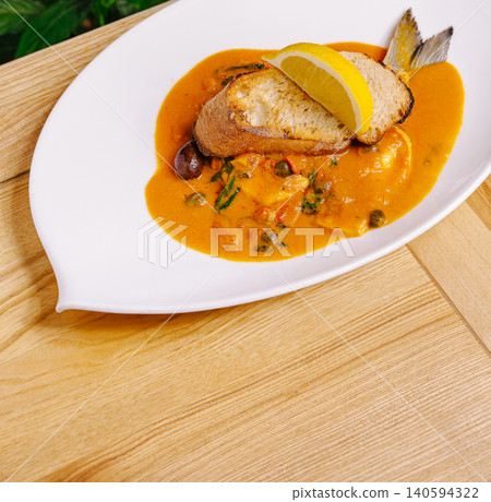 Fish stew served with bread on a white plate on wooden table Fish stew served with bread on a white plate on wooden table 140594322