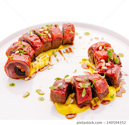 Gourmet Meat Rolls Served With Sauce And Nuts Gourmet Meat Rolls Served With Sauce And Nuts 140594352