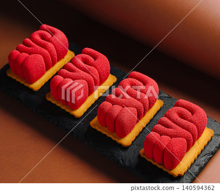 Desserts made from red mousse on a tray with a dark background Desserts made from red mousse on a tray with a dark background 140594362
