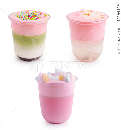 Three Pink Sweet Cold Beverages In Plastic Cups Three Pink Sweet Cold Beverages In Plastic Cups 140594369
