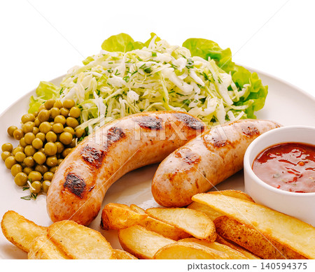 Grilled sausages with salad and fries served on a white plate Grilled sausages with salad and fries served on a white plate 140594375