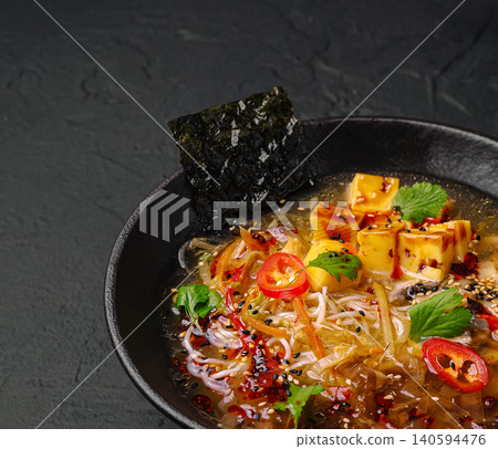 Delicious bowl of noodle soup with tofu and fresh herbs in dark setting Delicious bowl of noodle soup with tofu and fresh herbs in dark setting 140594476
