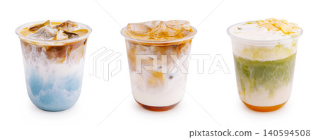 Three Cold Coffee Drinks In Plastic Takeaway Cups 140594508