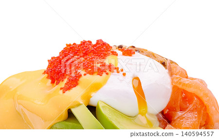 Gourmet eggs benedict with salmon and avocado slices Gourmet eggs benedict with salmon and avocado slices 140594557