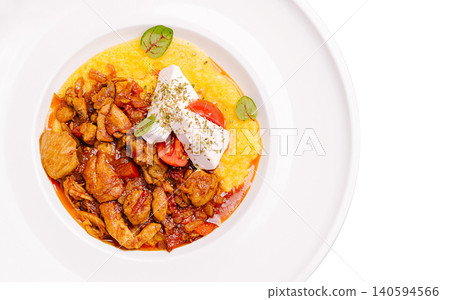 Traditional Moldovan Mamaliga With Meat Stew And Cheese Traditional Moldovan Mamaliga With Meat Stew And Cheese 140594566