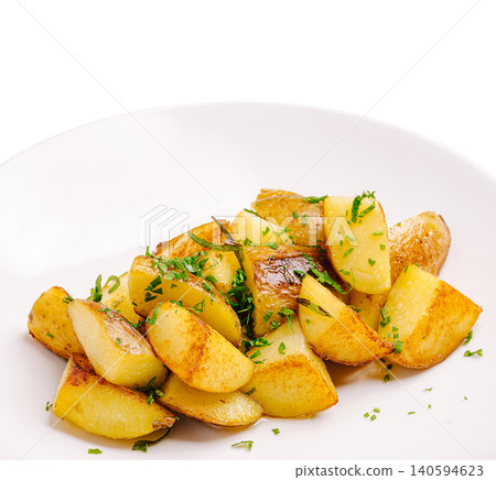 Golden roasted potatoes with herbs on a white plate served in a kitchen Golden roasted potatoes with herbs on a white plate served in a kitchen 140594623