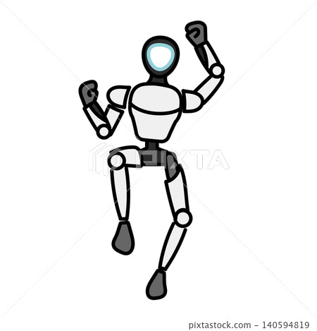 Illustration: Silver humanoid robot striking poses, dancing, and jumping. Illustration: Silver humanoid robot striking poses, dancing, and jumping. 140594819