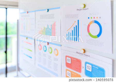 Business documents posted on a whiteboard Business documents posted on a whiteboard 140595078