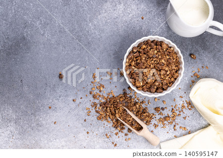 Granola cereal bowl with milk for breakfast Granola cereal bowl with milk for breakfast 140595147