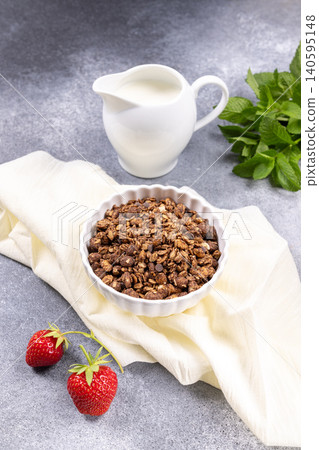 Granola breakfast with strawberries, milk, and mint Granola breakfast with strawberries, milk, and mint 140595148