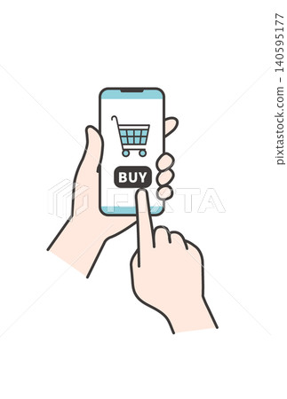 An illustration of someone using a smartphone to click the "BUY" button in their shopping cart for online shopping (purchase/handheld image). An illustration of someone using a smartphone to click the "BUY" button in their shopping cart for online shopping (purchase/handheld image). 140595177
