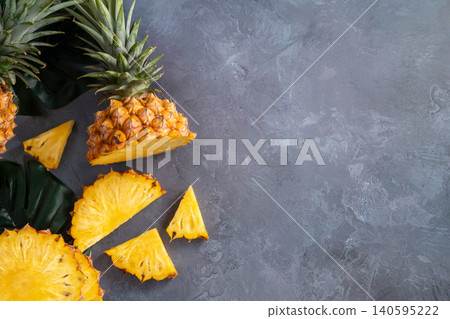 Pineapple, fruit, tropical, leaves, sliced, fresh pineapple fruit. Pineapple, fruit, tropical, leaves, sliced, fresh pineapple fruit. 140595222