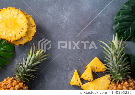 Pineapple, fruit, tropical, leaves, sliced, fresh pineapple fruit. Pineapple, fruit, tropical, leaves, sliced, fresh pineapple fruit. 140595223