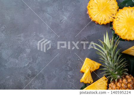 Pineapple, fruit, tropical, leaves, sliced, fresh pineapple fruit. Pineapple, fruit, tropical, leaves, sliced, fresh pineapple fruit. 140595224