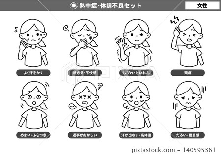 Illustration set of female figures suffering from heatstroke and general malaise; line art, monochrome. Illustration set of female figures suffering from heatstroke and general malaise; line art, monochrome. 140595361