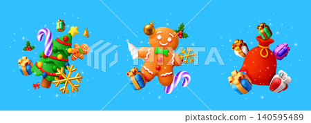 3D set of Christmas, gingerbread man, tree, bag 3D set of Christmas, gingerbread man, tree, bag 140595489